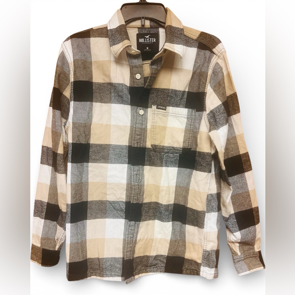 Hollister Men's Checkered Shirt - Black, White, and Tan